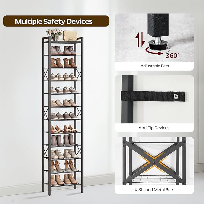12-Tier Narrow Shoe Rack, Tall Shoe Rack for 12-24 Pairs, Slim Shoe Storage Organizer with Wooden Top, Space Saving, Metal Frame, for Entryway, Charcoal and Black SS61BC