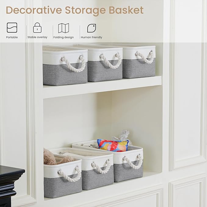 VQRTEXA Storage Baskets for Shelves 11.8x7.9x5.2 Inch, Foldable Fabric Storage Bins with Handles, Small Storage Baskets for Organizing Closet, Bathroom, Office, Home Organization (1-Pack, White&Gray)