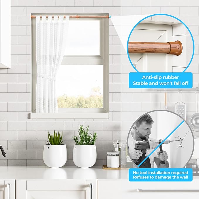AIZESI 2PCS Curtain Rods Small Tension Rod 17 to 28 Inch Extendable Spring Curtain Rods Wood Color Tension Curtain Rod Short Spring Tension Rod for Window