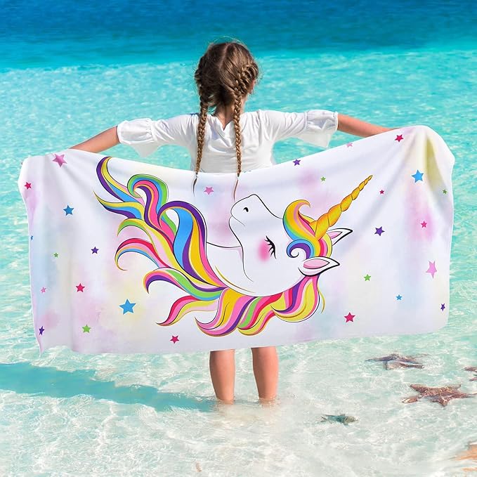 WERNNSAI Unicorn Beach Towel for Girls - 30” x 60” Kids Sand Free Swim Towels for Girls Bath Pool Camping Travel Towel Quick Dry Ultra Absorbent Super Soft Beach Blanket Bath Shower Towel