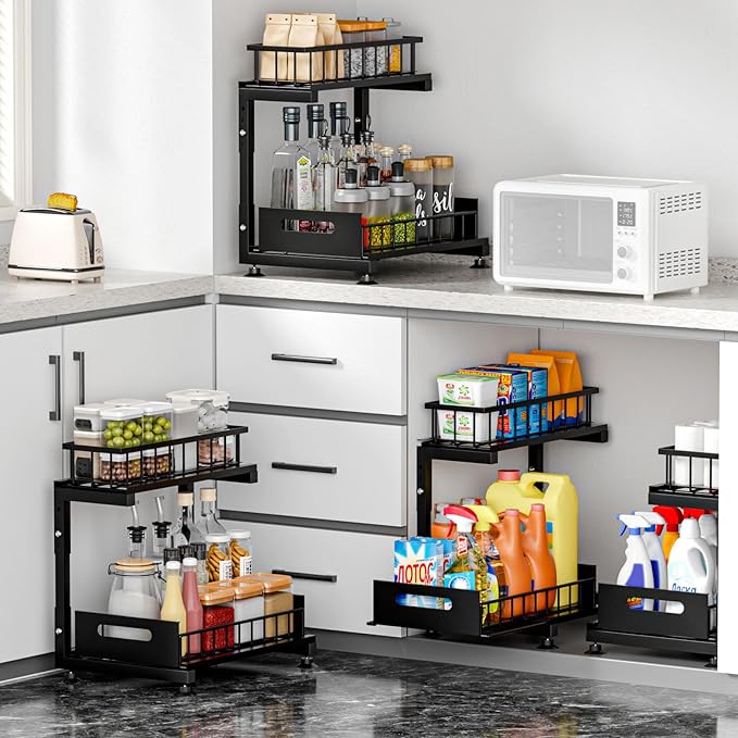 Saydear Under Sink Organizer, 2-Tier Premium Metal Pull-Out Racks with Adjustable Height, Heavy Duty Sliding Bin for Bathroom and Kitchen Cabinet Storage, Rust Resistant 2 Pack Black