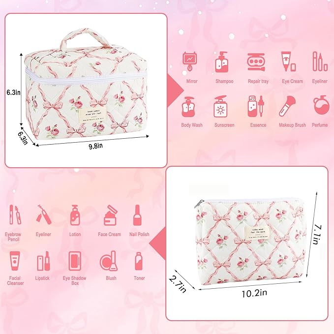 2Pcs Cotton Quilted Makeup Bag for Women Girls, Large Small Travel Floral Cosmetic Bags Set, Cute Coquette Pink Makeup Pouch for Purse, Aesthetic Cloth Flower Storage Toiletry Bag Organizer
