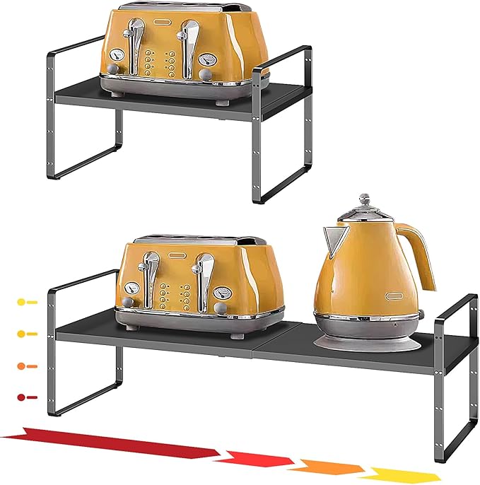 taiheis 16.5~27.1" Expandable Shelf Organizer, 1Pack 8.1" Wide Stackable Cabinet Shelf Organizers, Black Metal Sturdy Kitchen Counter Storage for Countertop, Adjustable Height Spice Rack