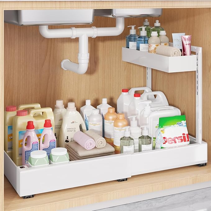 1-Pack L-Shape Expandable Under Sink Organizer with 3 Ball-Bearing Slide Rails, 2-Tier Pull-Out Under Cabinet Storage Shelf for Kitchen & Bathroom, Height-Adjustable Slide-Out Cabinet Drawer - White