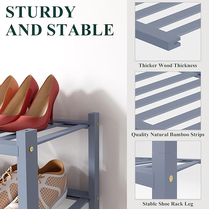 Smiry Bamboo Shoe Rack for Closet, 6 Tier Small Wooden Stackable Shoe Organizer, Free Standing Shoes Storage Shelf for Entryway, Front Door Entrance, Grey