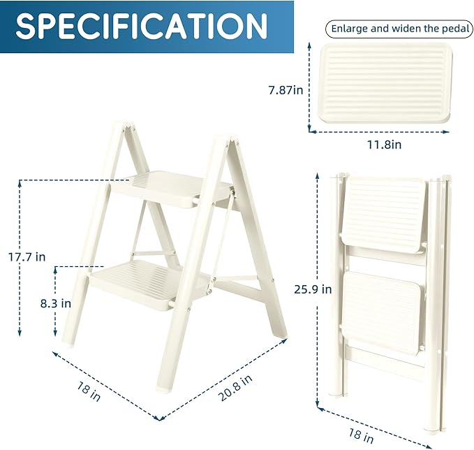2 Step Ladder, Portable Folding Step Stool with Sturdy Carbon Steel Metal, 330LB Capacity, Non-Slip Wide Pedal, ladders for Home, Kitchen, Closet, Bookshelf, Adult (Milk White)