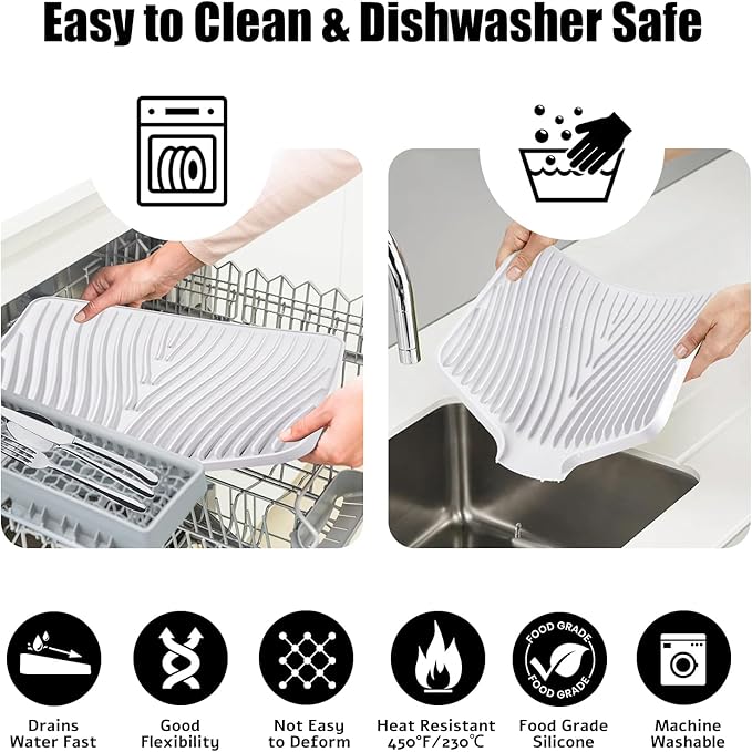 TIKNIK Dish Drying Mat,Stone Drying Mat for Kitchen Counter with Built-in Drain,Non-Slip Drying Matt Kitchen Counter, Heat Resistant Silicone Drying Mat, Dish Drying Pad, 2 Pcs(White, 20"x15")