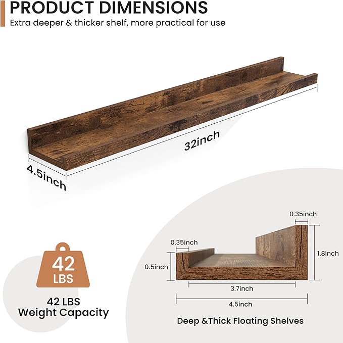 Fun Memories Picture Ledge Shelves, Set of 2, 32 Inch Rustic Wall Mounted Floating Shelves with Lip for Home Storage and Decor in Bathroom, Kitchen, Nursery, Bedroom, Living Room, Brown