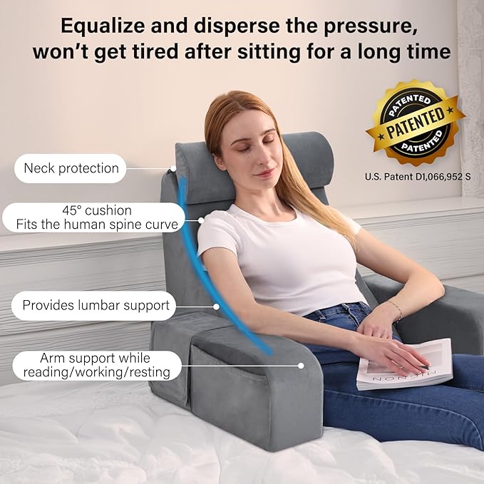 ENITYA Reading Pillow for Sitting in Bed Adult, 19" Back Support Pillow for Bed Sitting up, Backrest Cushion for Reclining,Gaming,Resting,Watching TV in Couch or Floor, Wedge with Arms, Medium(Grey)