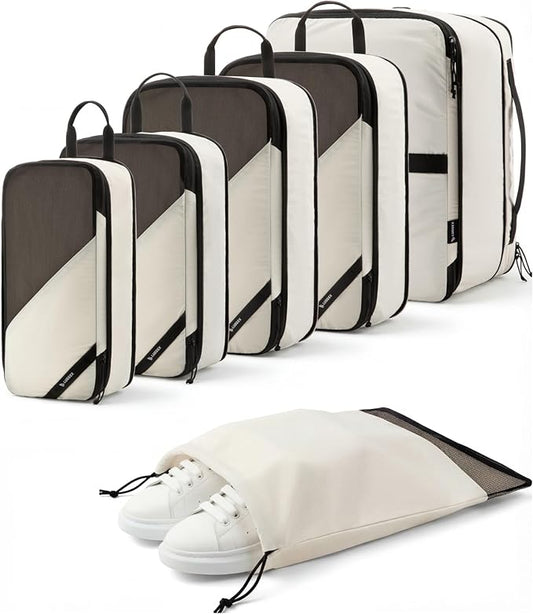 LUGGEX 6 Set Compression Packing Cubes for Travel, POX01 Luggage Organizers Bags, Suitcase Organizer with Shoe Bag Travel Accessories Essentials for Carry on & Checked (POX-En, Beige)