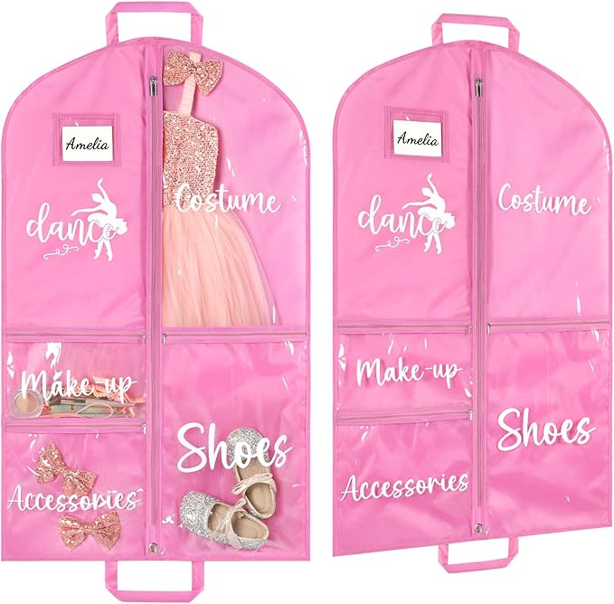 DEEKA Dance Garment Bag for Hanging Clothes with Zipper Pockets Dance Accessories Essentials Uniform Costume 40 Inch Dress Bags for Dance Competition Girls (Pink,White-Dance)