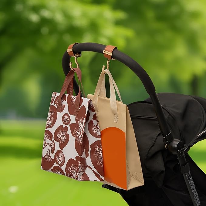 2 Pack Stroller Hooks,Strong Synthetic Leather Hook-and-Loop Fastener&High-Quality Metal Hooks,Universal Bag Clip|360° Rotation, 66lb Capacity,Non-Slip-Fits Wheelchair(Pink-Silver Gray)