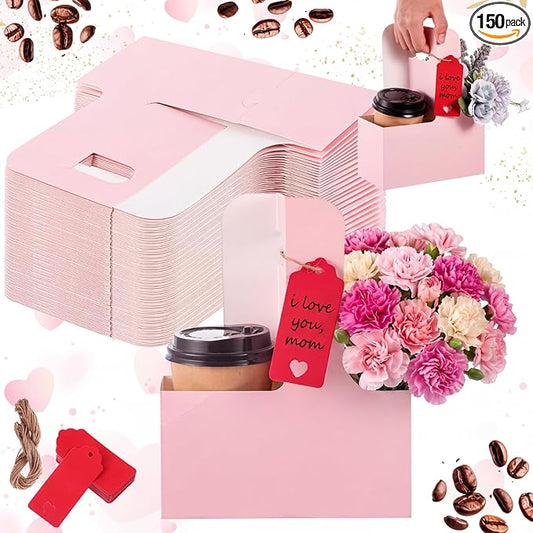 MotiMind 150 Pack Mother's Day 2 Cup Drink Carrier with Handle, Kraft Paperboard Teacher Cup Holder Portable for Hot Cold Drinks, Coffee Carrier Gift with Heart Card Rope (Pink)