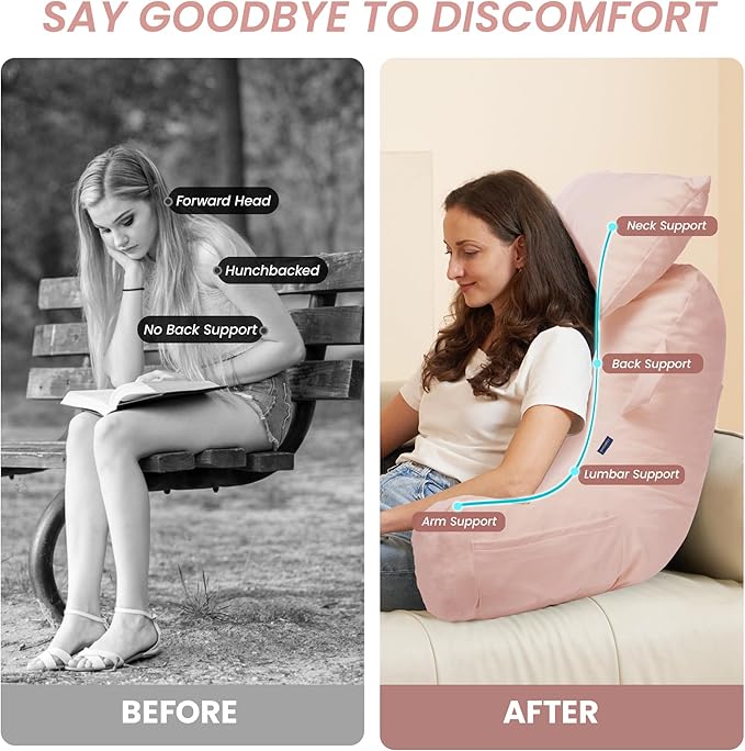 Portable Reading Pillows with Headrest for Bed Sitting Up(Pink Oeko-Tex), Velvet Back Pillow with Arms & Pockets for Adults, Support Memory Foam Bed Pillow for Dorm/Reading/Watching/Gaming
