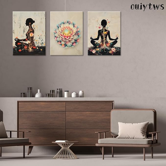 Yoga and Flower themed Meditation Wall Art Set of 3, Spiritual Meditation Women's Match with Flower and Lotus Patterns Canvas Poster Prints Painting,for Yoga Meditation Room,Bedroom,Framed 12X16in