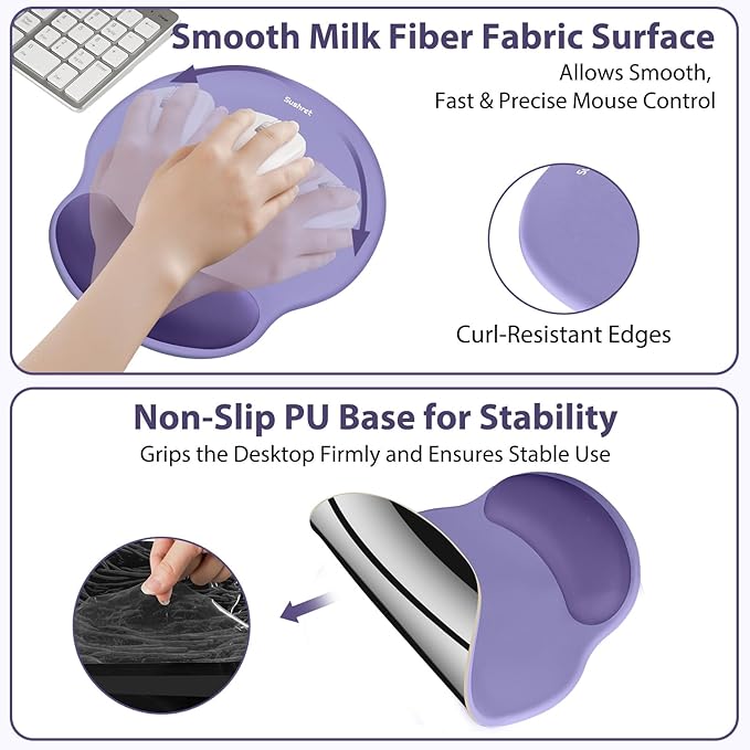 Mouse Pad and Keyboard Wrist Rest, 3-in-1 Gel Memory Foam Ergonomic Mouse Pad with Wrist Rest Set, Gaming Mousepad Arm Cushion Support for Computer Office Desk Accessories Cute Setup, Purple