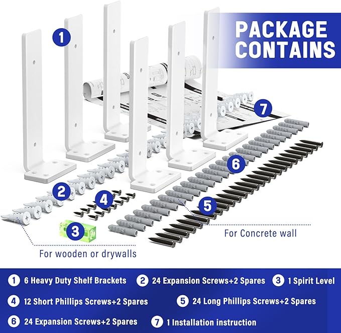 Goovilla Shelf Bracket, Heavy Duty Floating Shelf Brackets 8 inch Long, 6 Pack Brackets for Shelves, White Coated Metal Wall Shelf Support Brackets with 1/5 Inch Thick and 160 lb. Load Capacity