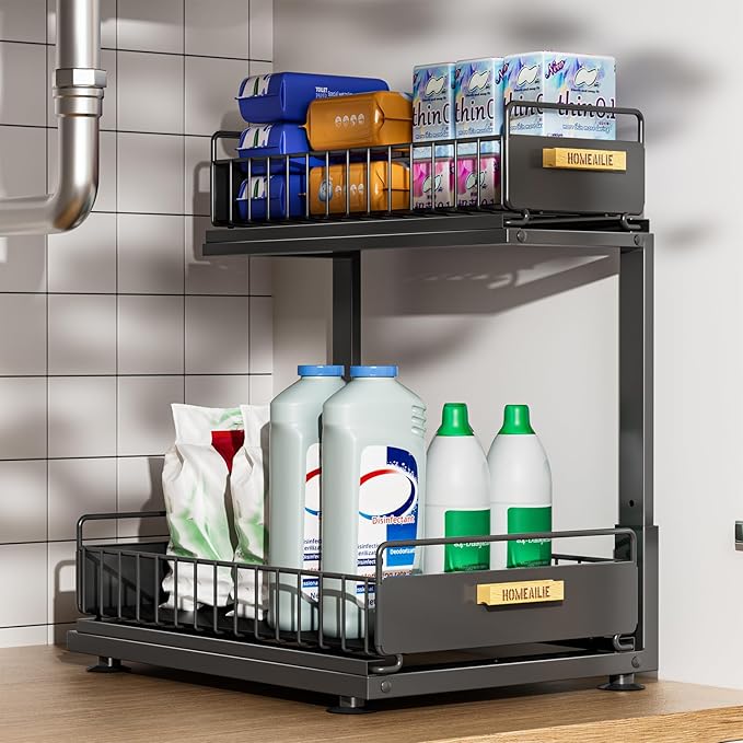 Under Sink Organizer, Height-Adjustable 2-Tier Under Kitchen Sink Organizer, Multi-Purpose Storage Shelf for Kitchen Bathroom Cabinet, Black