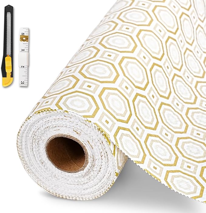 Drawer and Shelf Liner for Kitchen Cabinet,Non-Adhesive Cabinet Liner 24in x 10FT,Waterproof Shelf Paper Non-Slip Mats Cupboard Liners Contact Protect Dresser/Shelves/Table-Gold Octagonal