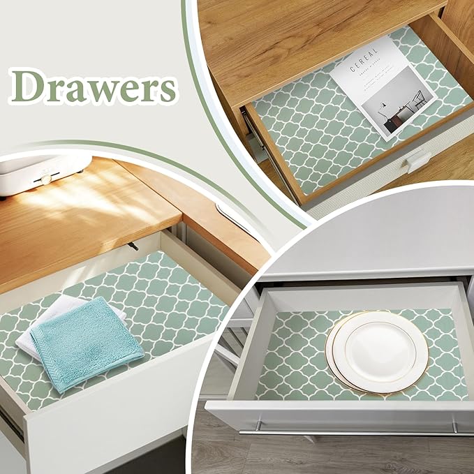 Shelf Liners for Kitchen Cabinets Non Adhesive Drawer Liner 23.6in x 30FT Light Green Quatrefoil Thickened Shelf Liner Strong Non-Slip Easy to Clean Tool Box Refrigerator with Knife and Tape Measure