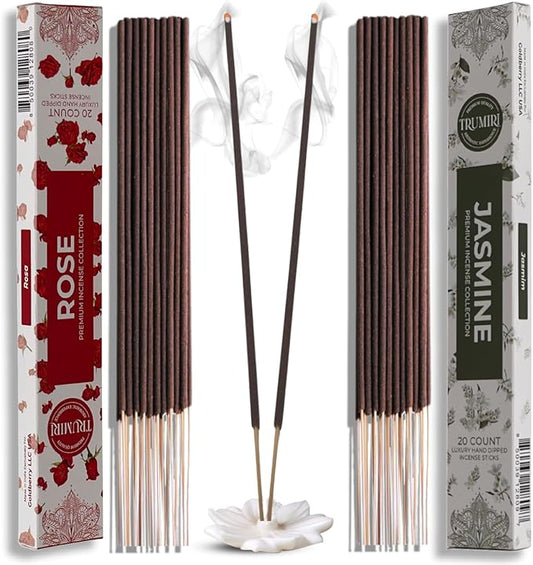 Trumiri Incense Sticks - Combo Pack of 40 Insence-Sticks - 20 Rose + 20 Jasmine - Insenses - Insents - Incents - Inscense - Incence - Incienso - All Natural Incense Sticks