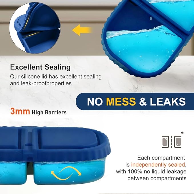 RAYBIN 3 Pack Silicone Reusable Snack Containers with Lids, 2 Compartments Leak-Proof Snackle Box Containers,Portable Silicone Food Storage Box for School,Office,Picnic - BPA Free (Blue, Yellow, Pink)
