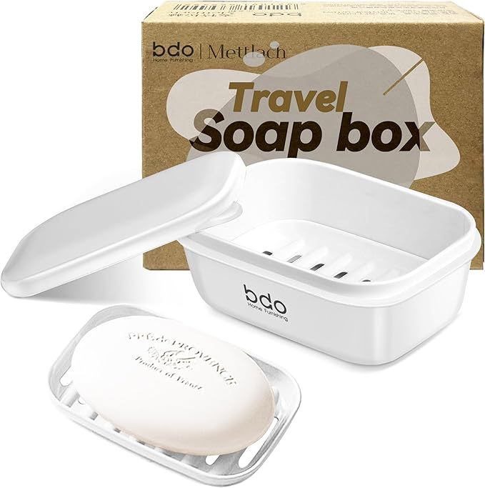 Travel Essentials Soap Holder with Lid, Leakproof Soap Dish with Drainage Layer, Portable Travel Soap Bar Case for Camping, Gym, Bathroom, Kitchen, Dormitory, Hotel (White)