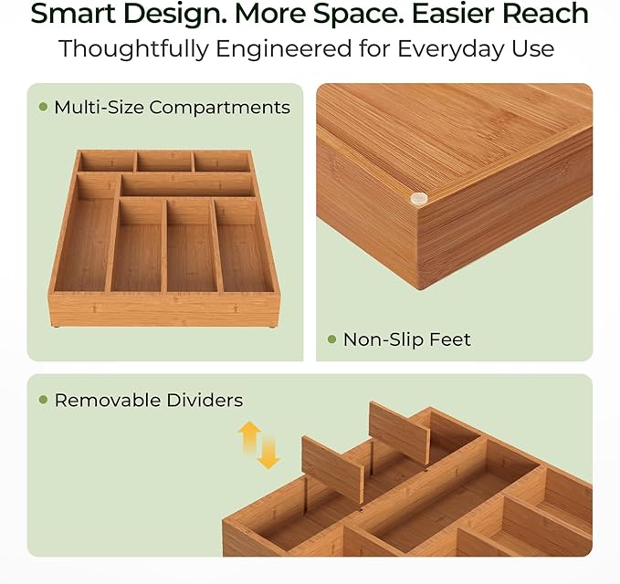 keechee Carbonized Bamboo Kitchen Drawer Organizer, 8 Slots Silverware Organizer, Utensil Holder & Cutlery Tray, 2.2" Deep for Extra Capacity, Non-Slip Feet Included