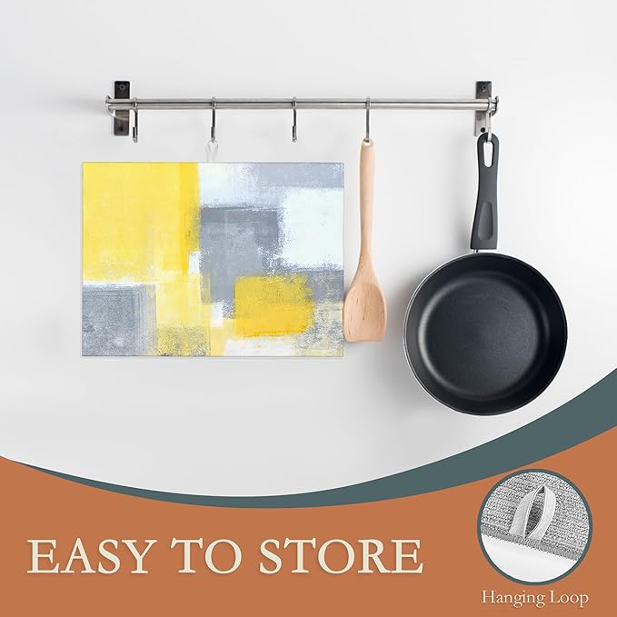 UIUPRO Grey Yellow Dish Drying Mats 18x24 Inch, Abstract Art Dish Pad Drying Rack Mat for Kitchen Counter Ultra Absorbent Microfiber Dishware Coffee Maker Bar Countertop Decor