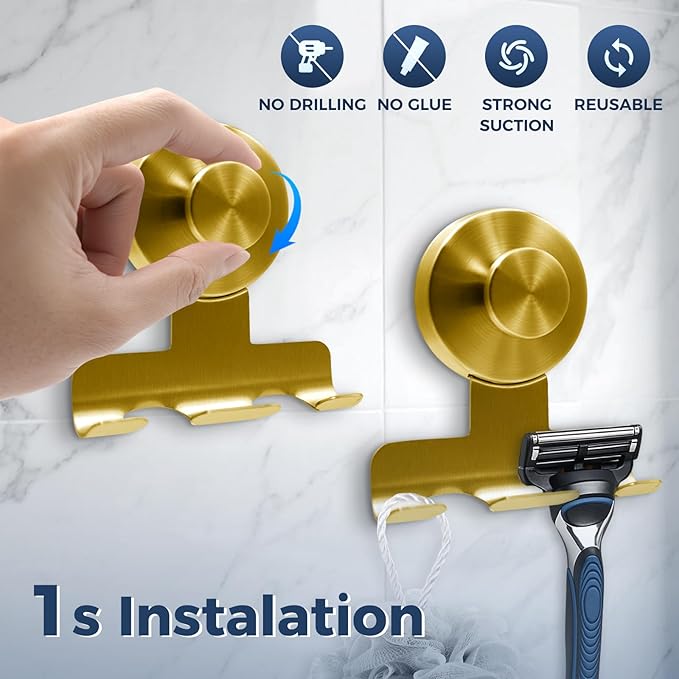 Suction Cup Razor Holder for Shower,Heavy-Duty 7KG Suction Hooks for Razor,Towel,Loofah,Removable Damage-Free Metal Shower Hook,Shaver Holder,2 Pack(Brushed Gold)