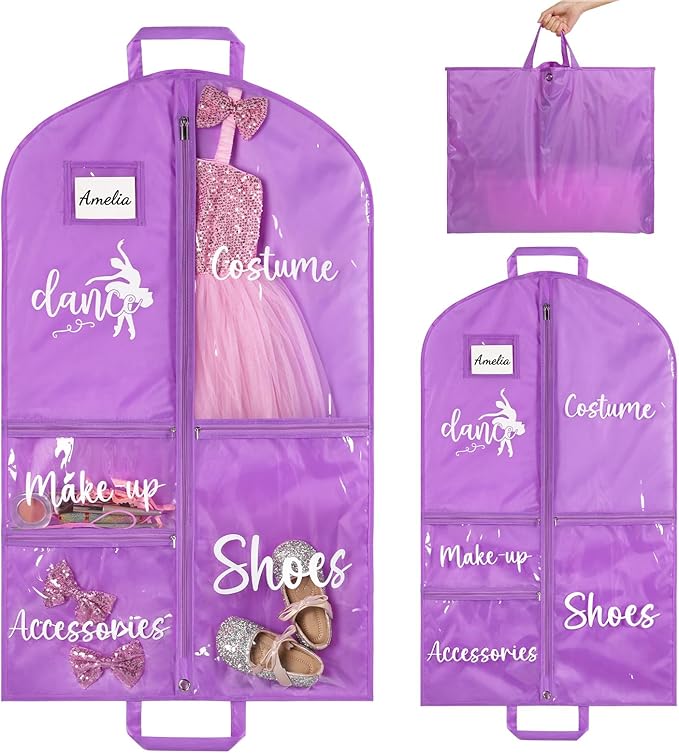 DEEKA Dance Garment Bag for Hanging Clothes with Zipper Pockets Dance Accessories Essentials Uniform Costume 40 Inch Dress Bags for Dance Competition Girls (Purple, White-Dance)