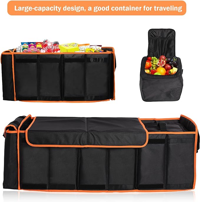 EAROND Large Trunk Organizer with Cooler, 3 Compartments SUV Cargo Organizer, Portable Trunk Organizer for suv,car,truck,rv,jeep(black)