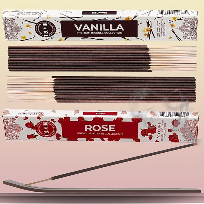 Trumiri Incense Sticks - Combo Pack of 40 Insence-Sticks - 20 Vanilla + 20 Rose - Insenses - Insents - Incents - Inscense - Incence - Incienso - All Natural Incense Sticks