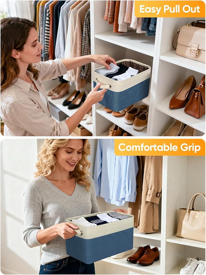 BALEINE 3 Pack Fabric Storage Bins for Shelves, Linen Storage Baskets for Organizing, Decorative Closet Bins for Clothes, Home (Navy Blue, 15"x11"x9.5")