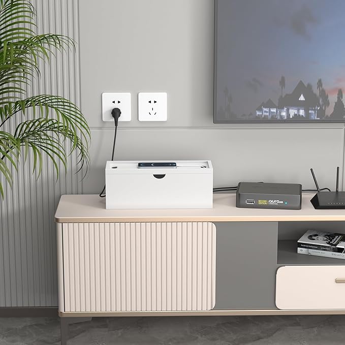 Bamboo Cable Management Box, Large Cord Organizer Box Cable Box to Hide Wires & Power Strips for Desktop Storage Cord Holder for Office Home,No Assembley Required (All White, 2 Packs(M+L))