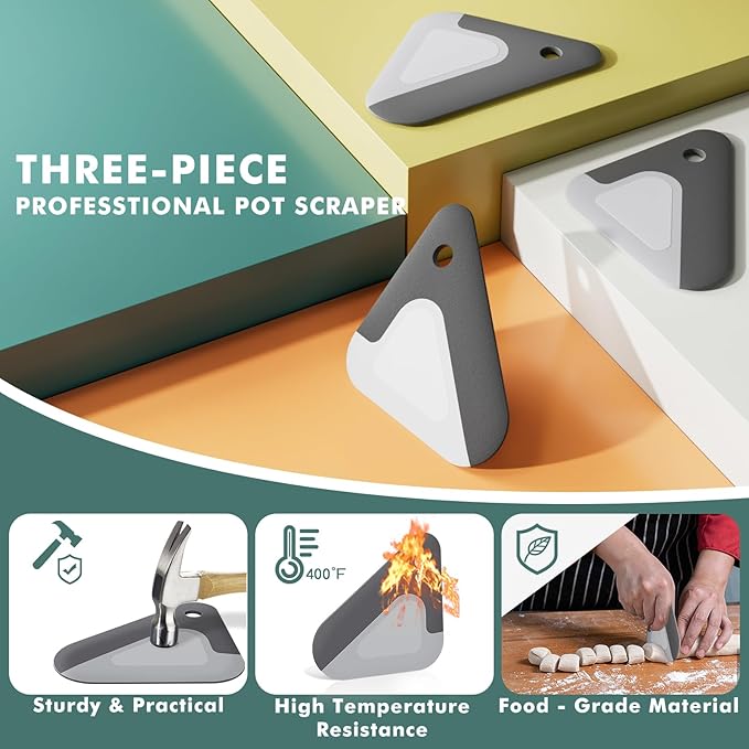 Food Scraper, 2-in-1 Pot and Pan Dish Scraper, Nylon and Silicone, Kitchen Scraper Tools for Cast Iron Skillets, Cookware, Dishes, Pans and Pots, Heat Resistant, Set of 3