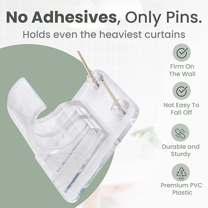 No Adhesive Heavy Duty Curtain Rod Holders with Wide Hook, 5X Stronger Than Adhesive Curtain Rod Hooks,Tension Curtain Rod Bracket for Wall with Pin Guide, Curtain Wall Mount (4 Pack, for 0.75" Rods)
