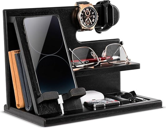 TESLYAR Wood Phone Docking Station for Men - Desktop or Nightstand Organizer - Birthday Gifts for Men, Dad - Anniversary Idea from Wife - Key Holder, Stand Wallet, Watch & Essentials (Deep Black)
