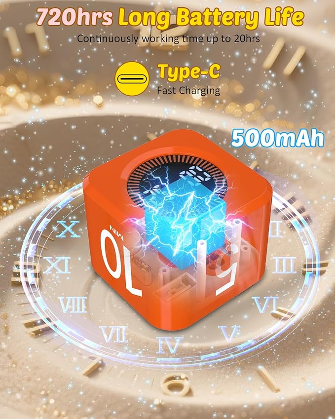 Pomodoro Timer Cube Visual Productivity Flip Timer for Kids Classroom Desk, 5/10/25/50min& Custom Countdown, Silent&Sound Mode Digital Cube for ADHD Study Work School Game Kitchen (Orange)