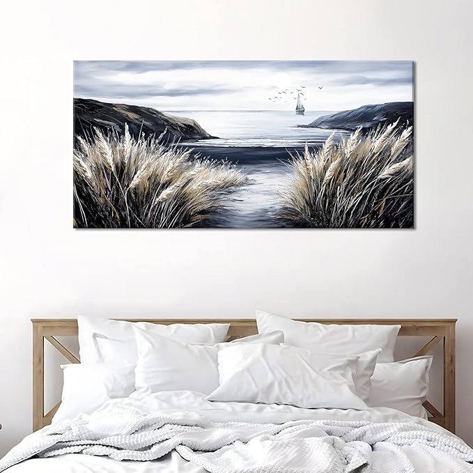 ZESTRILIA Country Beach Coastal Sailboat Wall Art for Living Room Office Black and White Rustic Canvas Painting Prints Vintage Nautical Artwork Dining Bedroom Decor Extra Large (58x28 Inches)