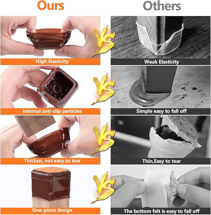 16pcs Square Chair Leg Floor Protectors, Felt Pads Chair Leg Protectors for Hardwood Floors, Silicone Furniture Feet Cups Covers Felt Pads, Prevents Scratches & Reduce Noise, Brown, Small