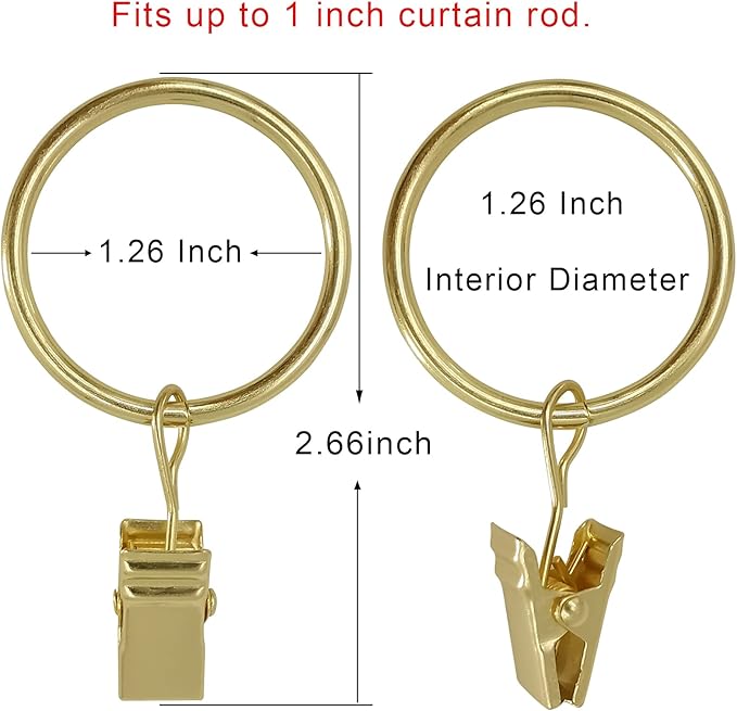 100 Pack Curtain Rings with Clips, Curtain Clip Rings Hooks, Bow Hanger Clips for Hanging Drapery Drapes Bows, Ring 1.26 inch Interior Diameter, Fits up to 1" Rod, Gold