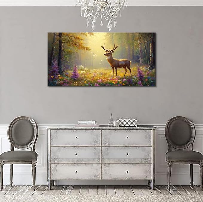 ZESTRILIA Pretty Deer Forest Wall Art for Living Room Office Gold Mustard Yellow Wildlife Wildflower Canvas Painting Prints Spring Wild Life Artwork Girls Bedroom Decor Extra Large (58x28 Inches)