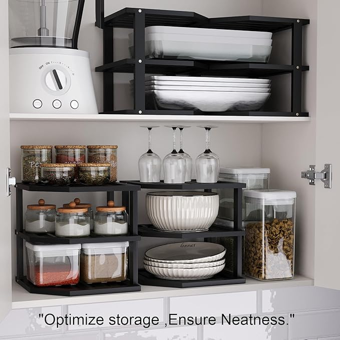 VERTORGAN 3 Tier Bamboo Corner Shelf (4 Pack), Dish Drying Rack, Plate Organizer, Kitchen Spice Rack for Countertop and Cabinet (Black)