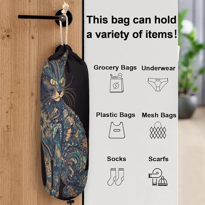 Sabokido Cat Pattern Plastic Bag Holder Washable Grocery Bag Storage Dispenser Reusable Hanging Shopping Bags Carrier Wall Mount Plastic Bag Organizer for Home Kitchen Decor
