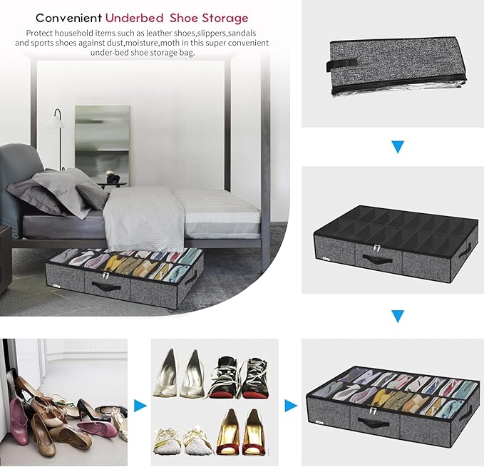 Onlyeasy Sturdy Under Bed Shoe Storage Organizer with Handles and Clear Window, Fits 16 to 32 Pairs, Premium Foldable Shoe Container Box for Closet, 37.7x 23.6x 5.9 inch, Cotton-like Black, MXBUBS16P2