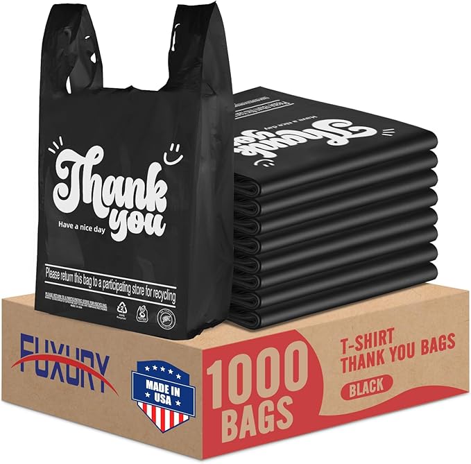 Fuxury 1000 Count Thank You Plastic Bags Black (11.5" x 6.5" x 21"), T-shirt, Grocery, Take Out, To Go, Restaurants, Retail Shopping Bags in Bulk for Small Business (Made in USA)