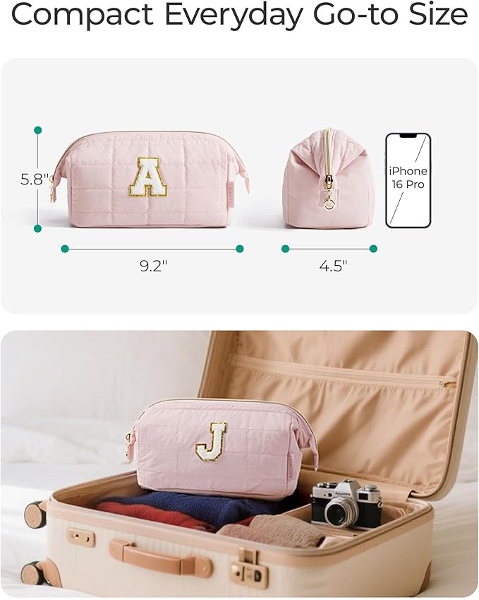 BAGSMART Birthday Gifts Personalized Initial Makeup Bag, Trendy Stuff Gifts for Women Bridesmaid Graduation, Puffy Padded Make Up Bags for Women, Wide-open Toiletry Bag, Pink J