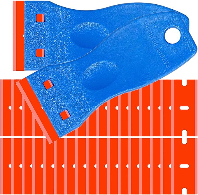 Double Edged Plastic Razor Blade Scrapers Knife with Contoured Grip for Scraping Labels and Decals Sticker From Glass (Blue 2 Scraper+100 Blades)