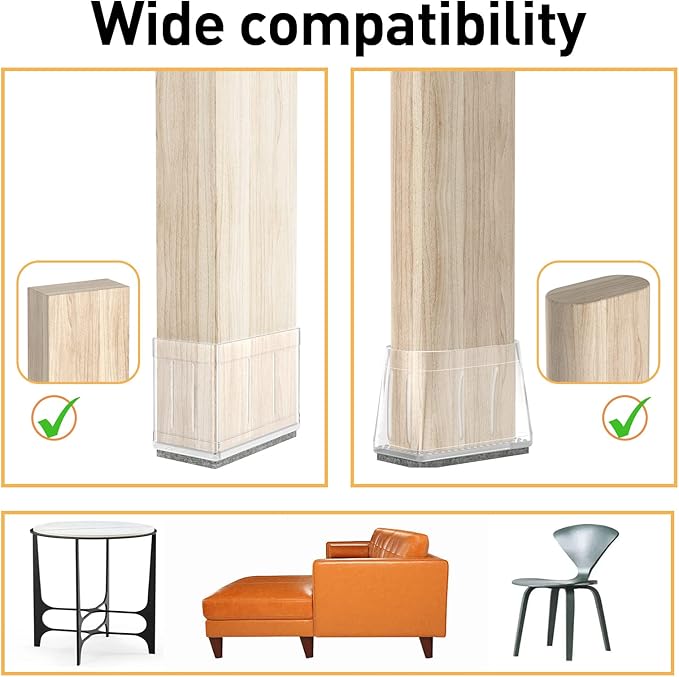 1" x 1 3/4" Rectangle Chair Leg Protectors for Hardwood Floors, Silicone Covers to Protect Wood Tile Floors, Felt Pads Furniture Leg Caps Reduce Noise, Easy to Move, 16 PCS Clear.